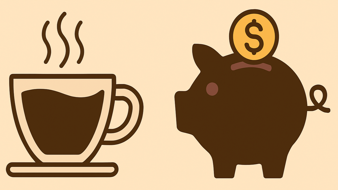 Coffee next to a piggy bank